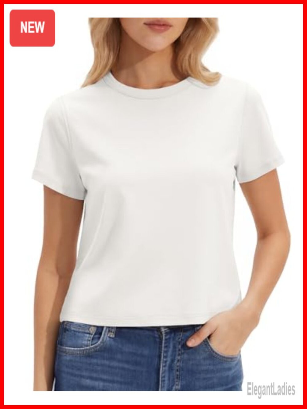 Cotton Blend Boxy Cropped Crewneck T-Shirt Relaxed Fit Side Slits Women's